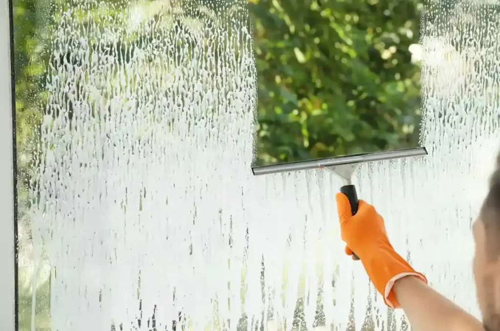 Residential window cleaning with squeegee and soap